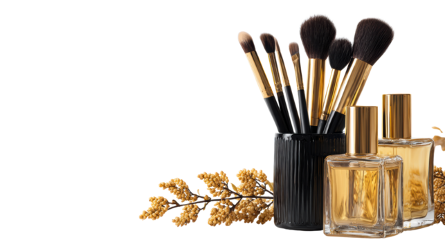 Makeup brushes and perfume bottles arranged elegantly on a surface, with a delicate floral accent.