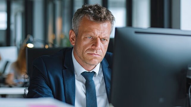 Caucasian man in suit working on computer at office. Business professional looking at monitor with serious expression. Manager or executive at desk. - Powered by Adobe