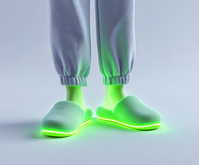 Bright neon green illuminated slippers on relaxed feet in soft loungewear