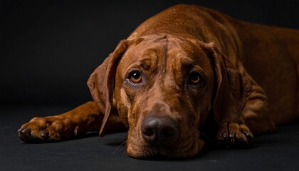 Close-up studio shot of a reddish-brown dog lying down