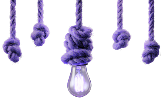 rope knot with a light bulb hanging, isolated on a transparent