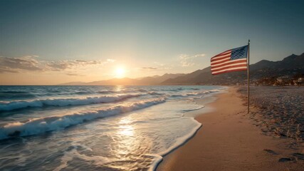 Beautiful sunset illuminates the ocean waves and shore while an American flag waves gently in the breeze at Malibu California. Nature’s colors create a stunning view - Powered by Adobe