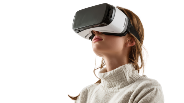 Person wearing virtual reality headset, white isolate background