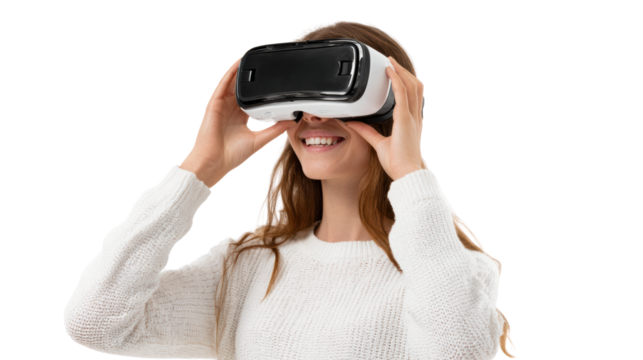 Smiling woman wearing virtual reality headset, joyful experience, isolated on white background.
