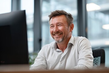 Happy white man working at desk in office. Businessman smiling looking at computer monitor screen. Corporate workplace environment.