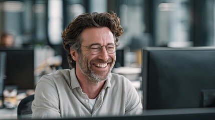 Fototapeta premium Man in casual attire laughing while working on computer in modern office setting. Happy businessman at work.