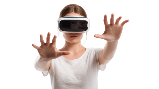 Virtual reality experience: girl with VR headset reaching out, isolated on white background. - Powered by Adobe