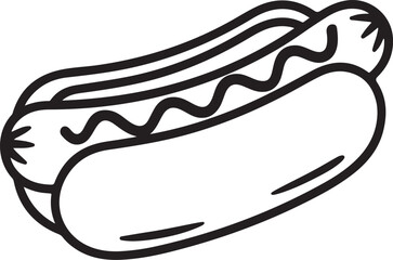Simple line drawing of a hot dog with mustard in a bun