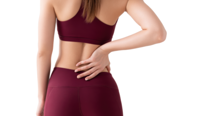 Woman in activewear experiencing back pain, isolated on a white background.