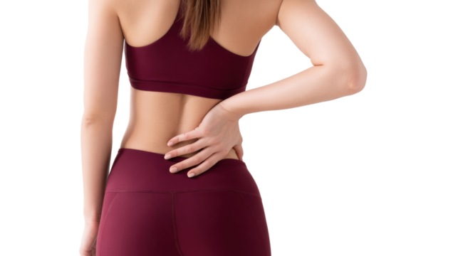 Woman in activewear experiencing back pain, isolated on a white background. - Powered by Adobe