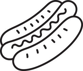 Simple outline drawing of two sausages in a hot dog bun with mustard