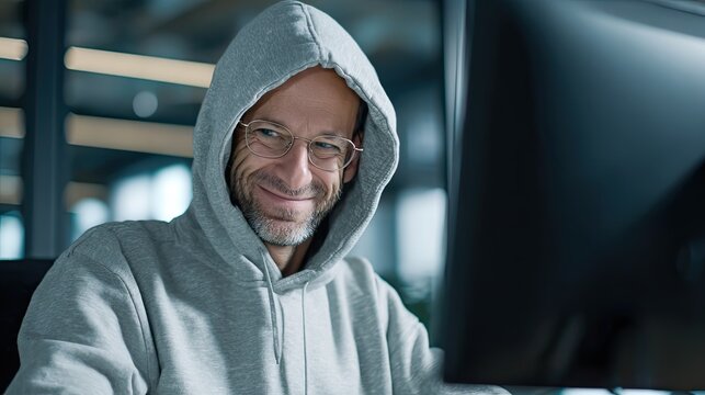 Man hacker in gray hoodie works on computer. Cybercrime and online security concept. Data theft illustration.