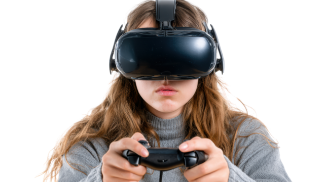 Young woman immersed in virtual reality gaming, holding controller, focused expression, white isolate background.