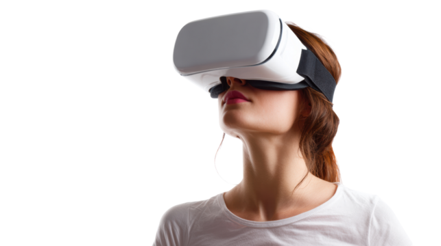 Young woman wearing VR headset, experiencing virtual reality, isolated on white background.