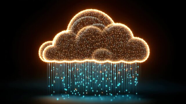 A stunning display of a luminous cloud features bright lights in various colors, with shimmering raindrops cascading down. The arrangement creates a whimsical and captivating atmosphere