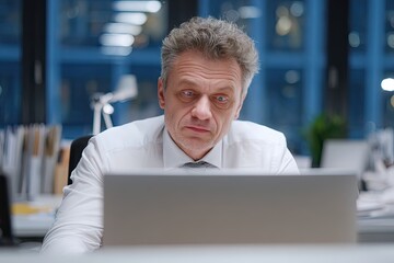 Stressed caucasian man working on laptop in office. Overworked businessman using computer at night. Burnout and deadline concept.