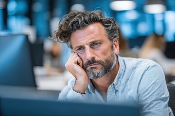 Tired man looking at computer in office. Businessman feeling stressed or bored. Employee burnout and overwork concept.