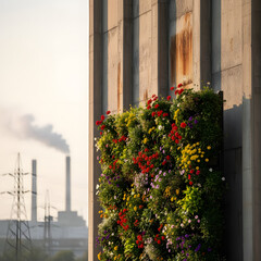 Vertical garden with colorful flowers on industrial building wall  