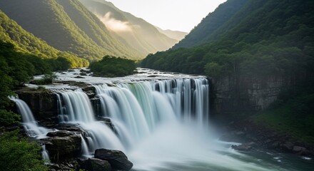 Fototapeta premium Majestic waterfall cascading down rocky cliffs in a lush green valley.