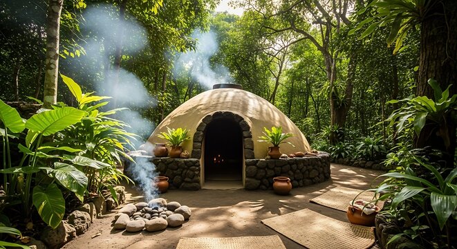 Traditional Temazcal Sweat Lodge in Lush Jungle Setting with Smoking Fire Pit.