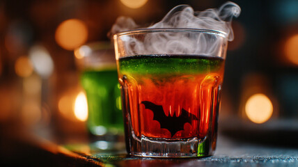 The shadow of a bat on a glass of absinthe. Halloween cocktail with a bat on a dark background.