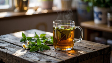 Hot tea in a mug steeps with fresh herbs