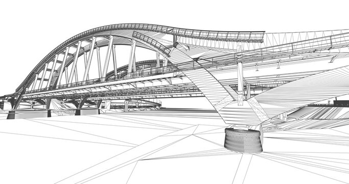 Wireframe rendering of an arched bridges structure over a river &ndash; 3D infrastructure model