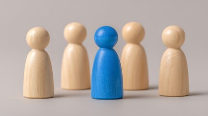 Blue Wooden Figure Among Plain Figures Standing Out and Leadership Concept