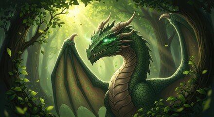 Majestic green dragon awakens in sunlit ancient forest clearing