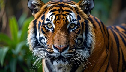 Close-up tiger portrait in a jungle setting