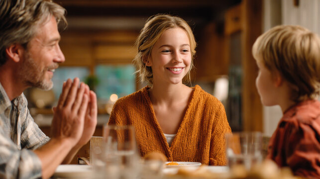 Happy family communicates using sign language around cozy wooden dining table, sharing warm and joyful moment together