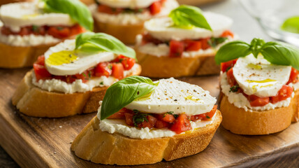 Delicious bruschetta appetizers with fresh tomatoes mozzarella and basil