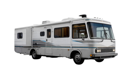 Luxury RV on Road: A spacious RV, designed for comfortable travel, is captured in a realistic shot, exuding an air of adventure, with its sleek design and inviting interior.