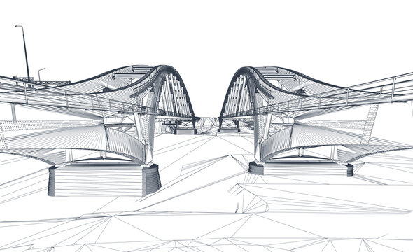 Wireframe rendering of an arched bridges structure over a river &ndash; 3D infrastructure model