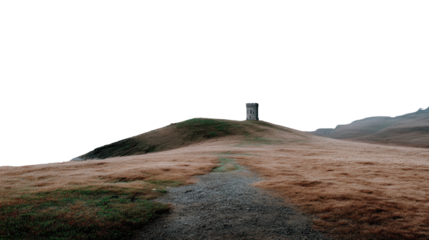 Hilltop Fortress: A solitary stone tower stands stoically atop a grassy hill, its silhouette etched against a vast, hazy sky, the focal point of the landscape.