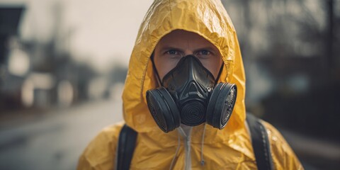 Person in Yellow Hazmat Suit and Gas Mask