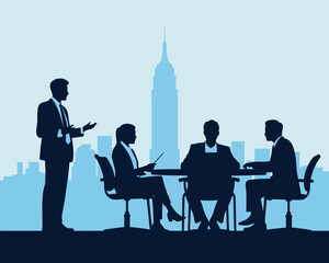Silhouette of business team in meeting with presenter and city skyline backdrop, symbolizing corporate strategy, leadership, and collaboration 