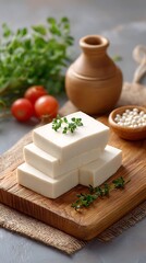 Stack of Tofu with Thyme Sprigs, Tomatoes, and White Pearls on Wooden Board