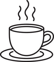 Simple hand drawn line art illustration of a steaming cup of coffee on a saucer