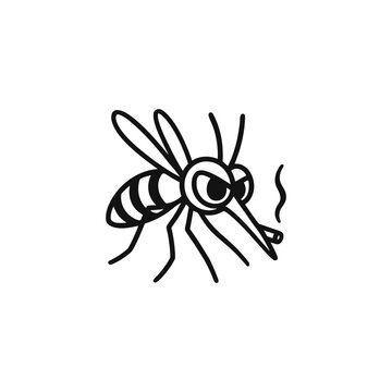 Cute angry mosquito cartoon in minimal line style. Funny insect character with sharp proboscis for stickers, icons, pest control, education and branding.