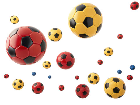 Colorful soccer balls in red, yellow, and black float against transparent background, creating playful and dynamic atmosphere