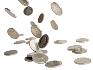 Falling coins create dynamic scene of currency motion, showcasing various coins scattered surface. shiny metallic surfaces reflect light
