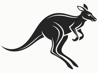 Fototapeta premium Silhouetted kangaroo logo design, leaping over stylized landscape. This stylized vector graphic features a kangaroo leaping across a stylized landscape, encircled by stars.