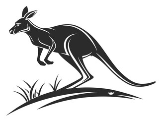 Silhouetted kangaroo logo design, leaping over stylized landscape. This stylized vector graphic features a kangaroo leaping across a stylized landscape, encircled by stars.