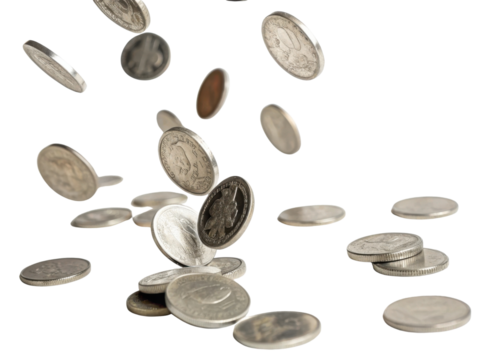 Falling coins create dynamic scene of currency motion, showcasing various coins scattered surface. shiny metallic surfaces reflect light