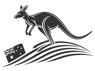 Silhouetted kangaroo logo design, leaping over stylized landscape. This stylized vector graphic features a kangaroo leaping across a stylized landscape, encircled by stars.