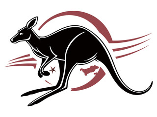 Silhouetted kangaroo logo design, leaping over stylized landscape. This stylized vector graphic features a kangaroo leaping across a stylized landscape, encircled by stars.