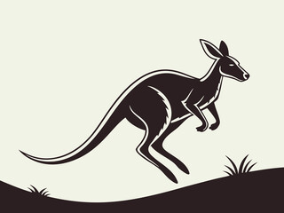 Silhouetted kangaroo logo design, leaping over stylized landscape. This stylized vector graphic features a kangaroo leaping across a stylized landscape, encircled by stars.
