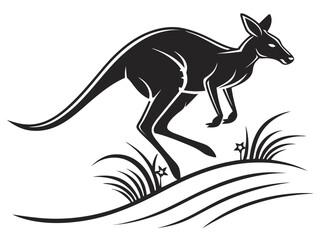 Silhouetted kangaroo logo design, leaping over stylized landscape. This stylized vector graphic features a kangaroo leaping across a stylized landscape, encircled by stars.