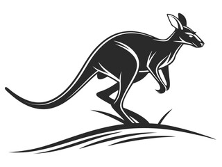 Silhouetted kangaroo logo design, leaping over stylized landscape. This stylized vector graphic features a kangaroo leaping across a stylized landscape, encircled by stars.